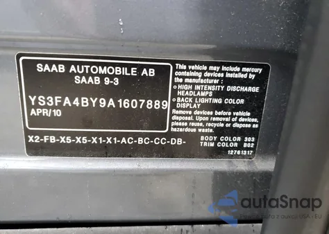 2010 Saab 9-3 2.0T z USA, uszkodzony, nr VIN YS3FA4BY9A1607889